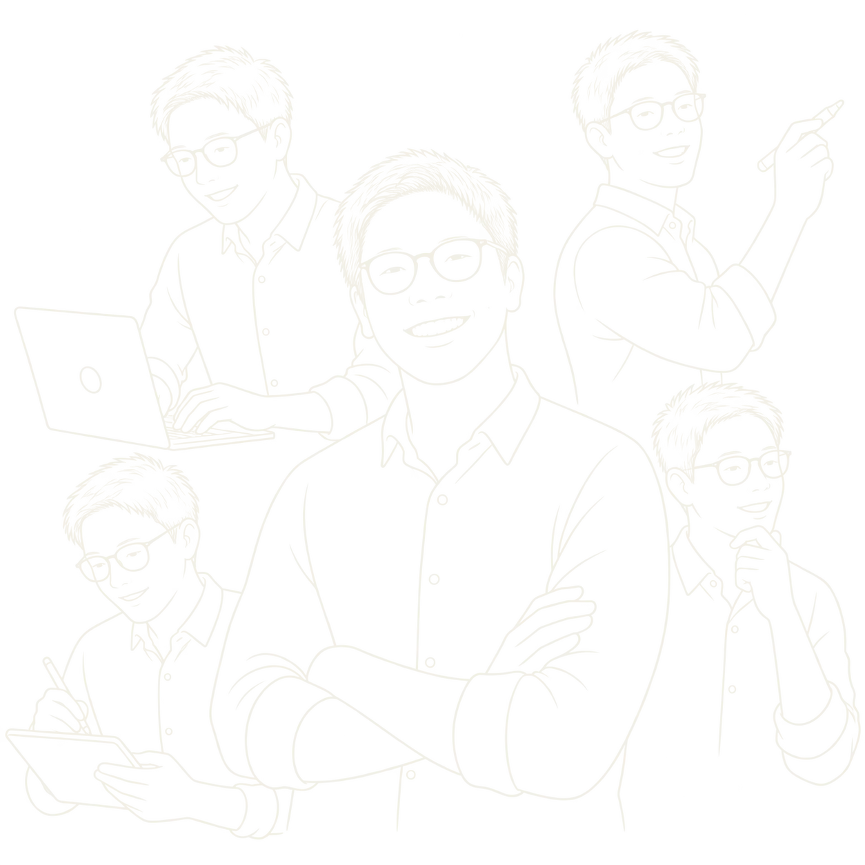 Lee Qixian, drawn in five poses: at a laptop, sketching on a tablet, arms crossed, presenting, and thinking.